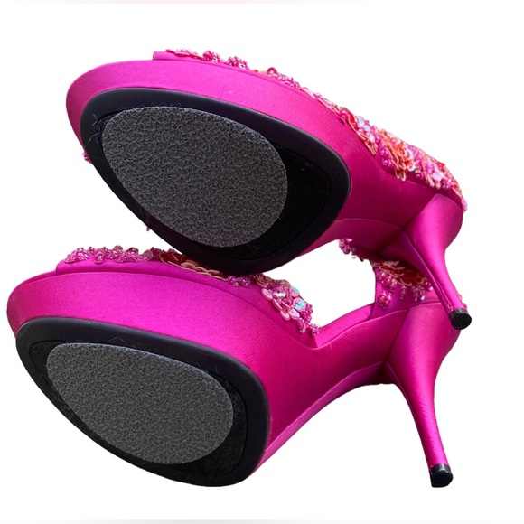 NINA NEW YORK Fuchsia Pink “Sadi” 3D Sequin Floral Flower Peep Toe Pump Heels,10 - Picture 10 of 11